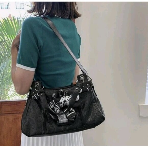 Skull Handbag Gothic Satchel Shoulder Crossbody Bag Black Purse Scarf Halloween - Picture 10 of 16